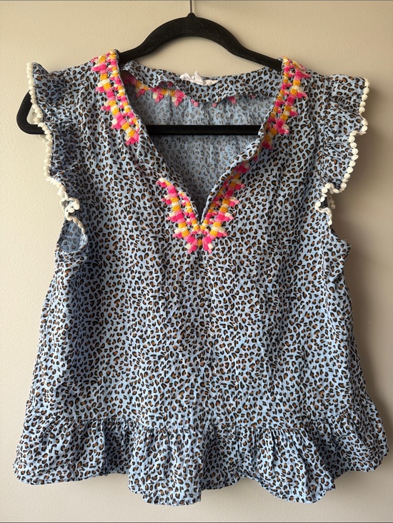 THML Tops - THML Blue Leopard Print Flutter Sleeve Top with Pink & Yellow Embroidery small